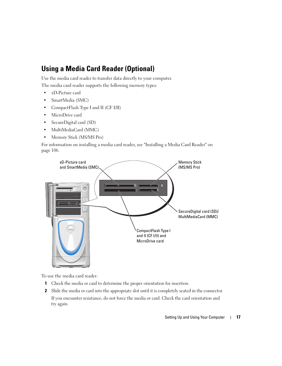 Using a media card reader (optional) | Dell XPS 600 User Manual | Page 17 / 166