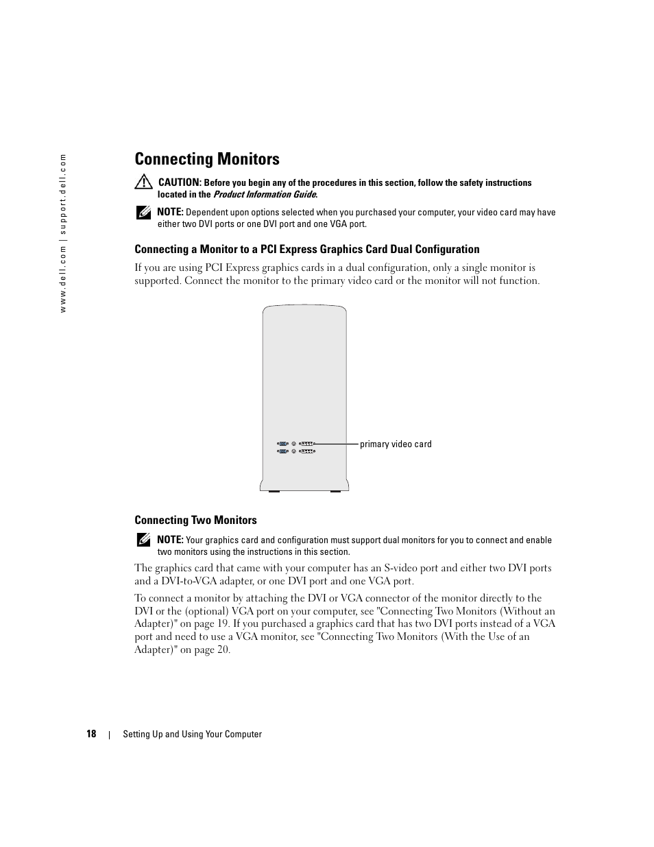 Connecting monitors, Connecting two monitors | Dell XPS 600 User Manual | Page 18 / 166