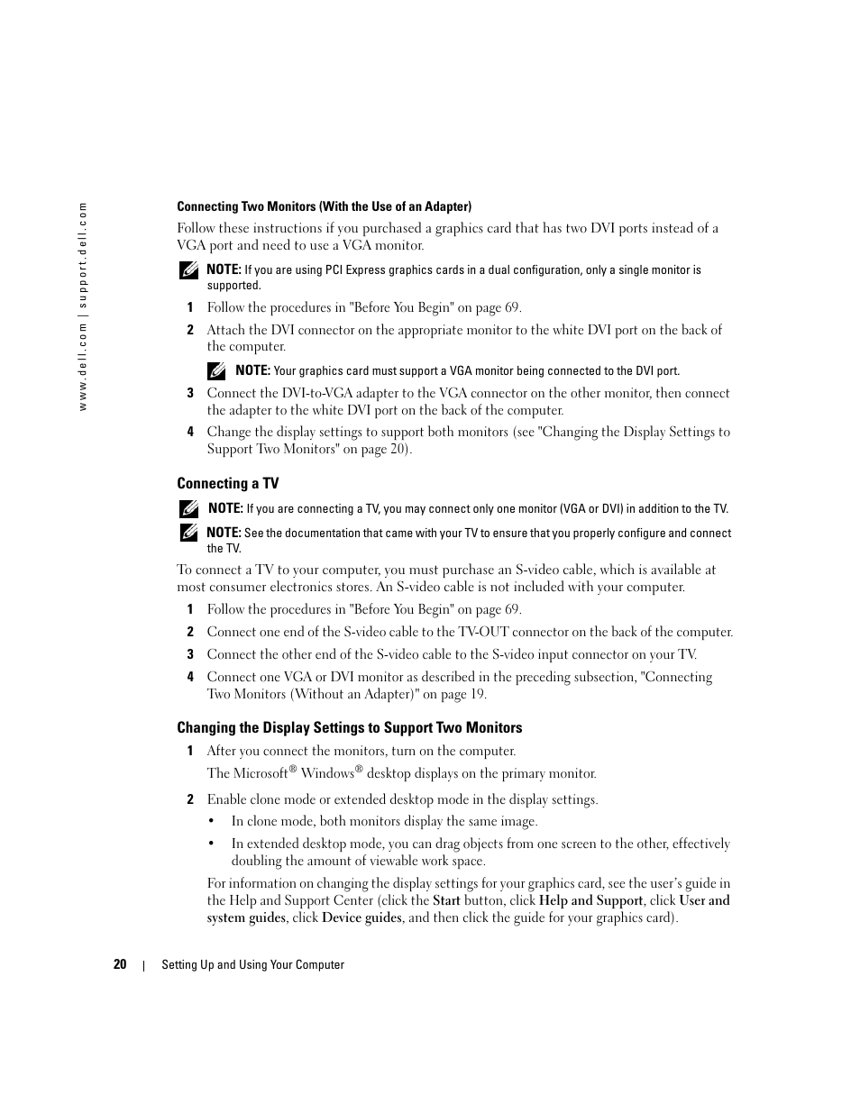 Connecting a tv, Nitors (see "changing the display settings to | Dell XPS 600 User Manual | Page 20 / 166