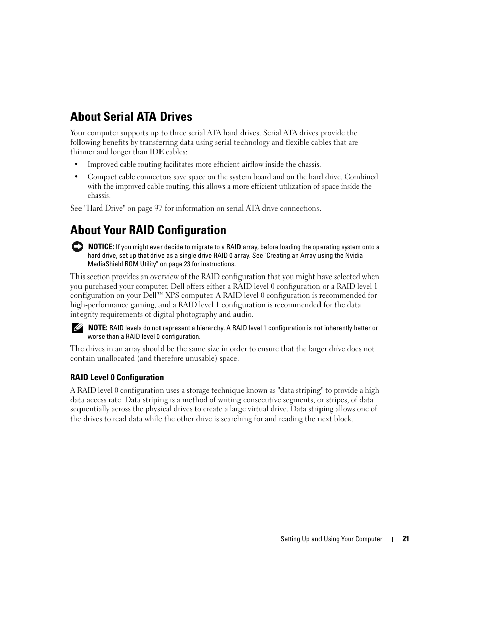 About serial ata drives, About your raid configuration, Raid level 0 configuration | Dell XPS 600 User Manual | Page 21 / 166