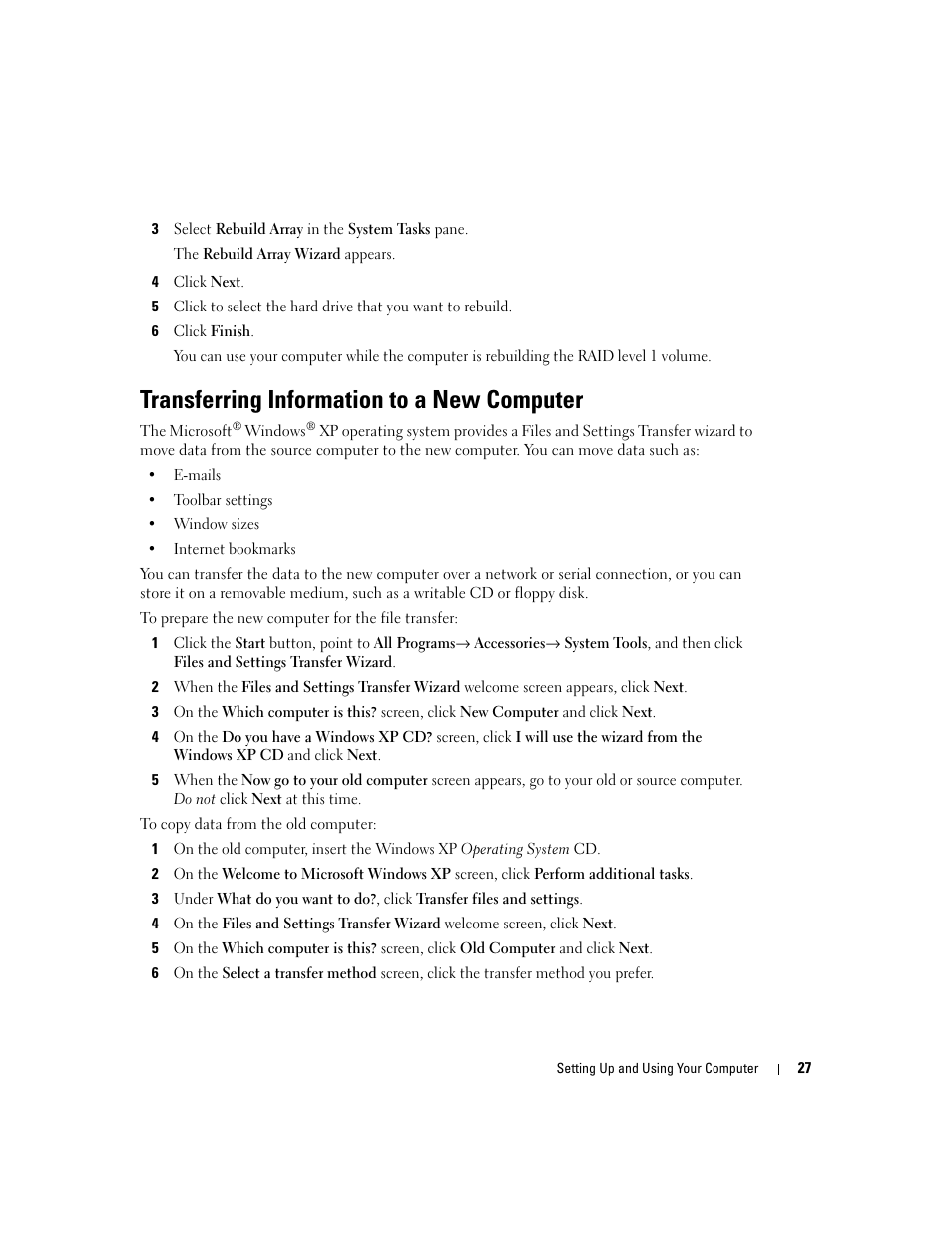 Transferring information to a new computer | Dell XPS 600 User Manual | Page 27 / 166