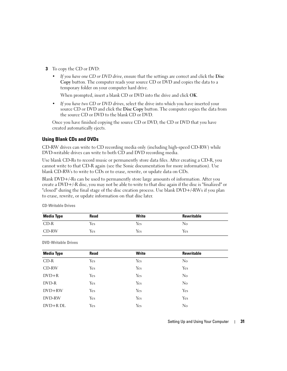 Using blank cds and dvds | Dell XPS 600 User Manual | Page 31 / 166