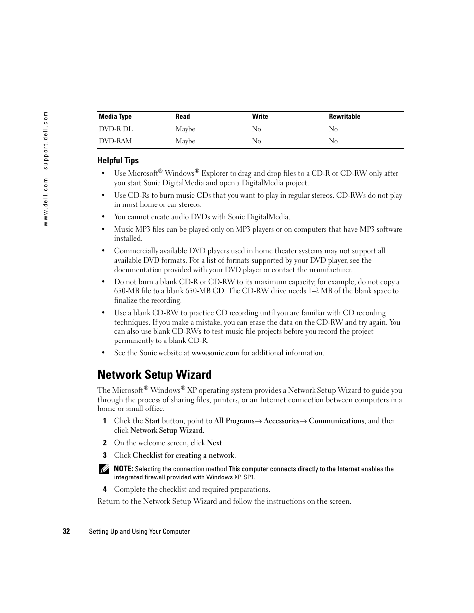 Helpful tips, Network setup wizard | Dell XPS 600 User Manual | Page 32 / 166