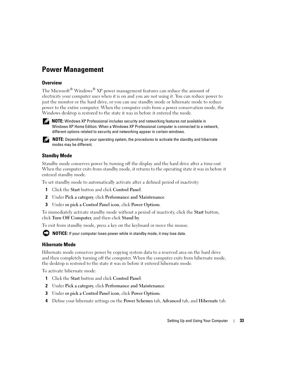 Power management, Overview, Standby mode | Hibernate mode | Dell XPS 600 User Manual | Page 33 / 166