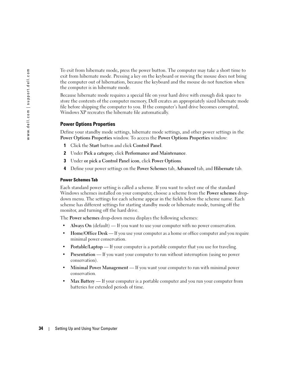 Power options properties | Dell XPS 600 User Manual | Page 34 / 166
