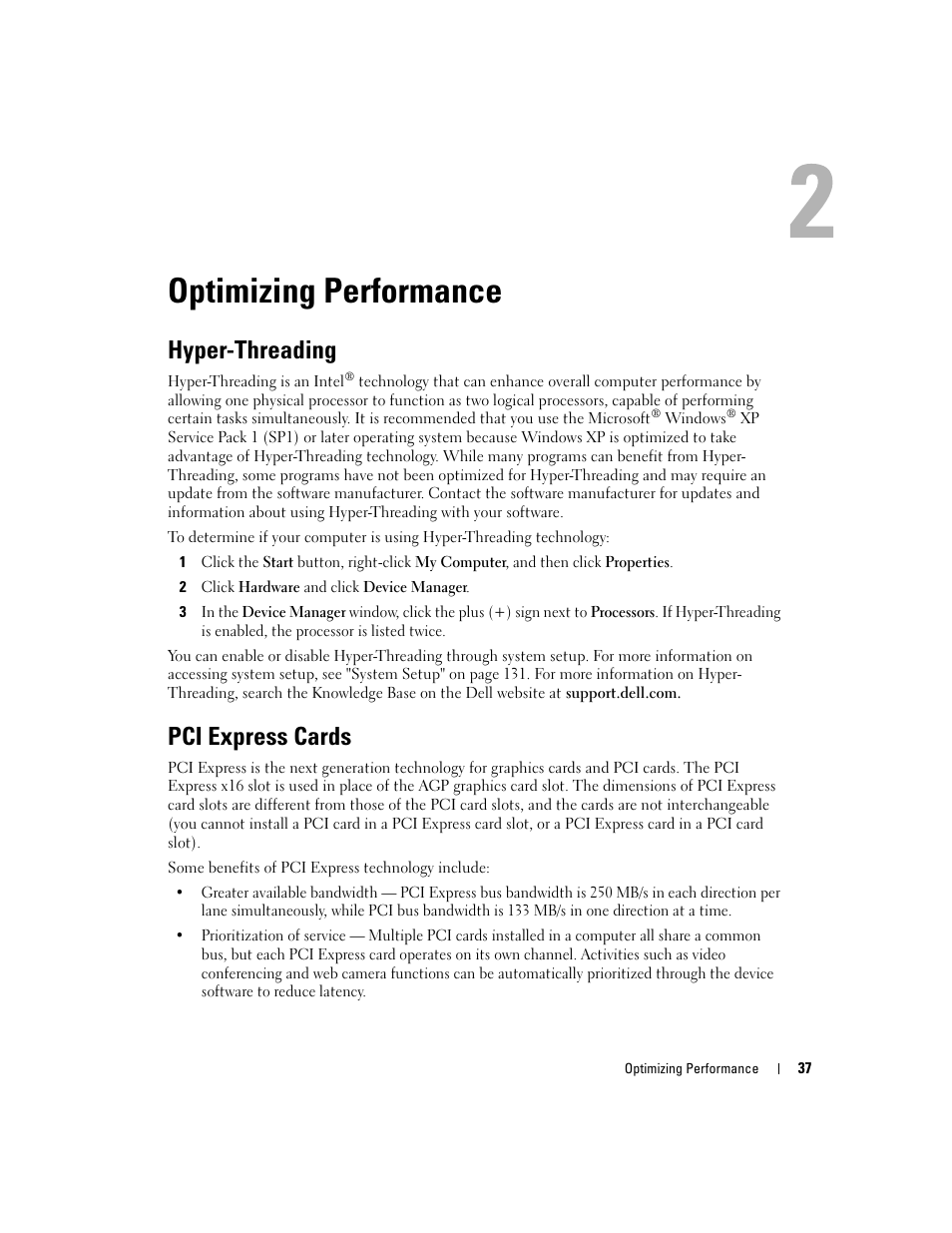 Optimizing performance, Hyper-threading, Pci express cards | Dell XPS 600 User Manual | Page 37 / 166