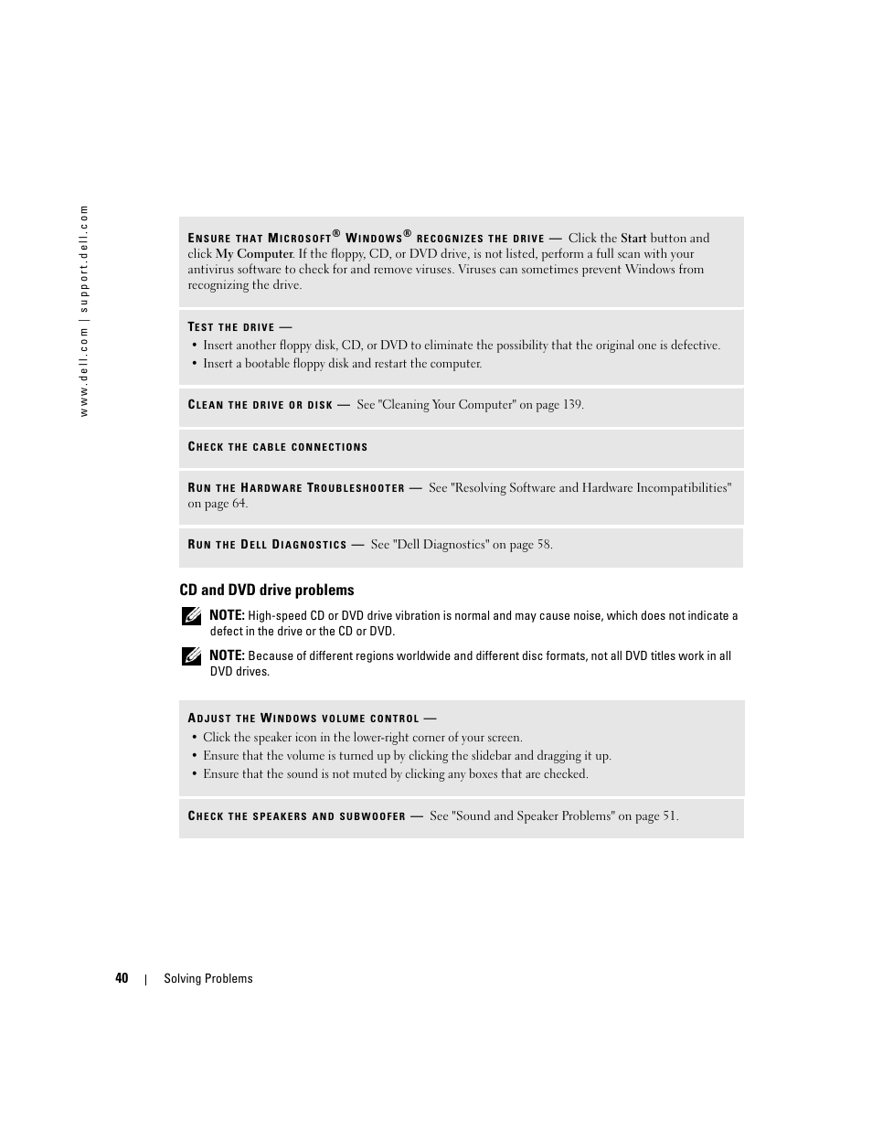 Cd and dvd drive problems | Dell XPS 600 User Manual | Page 40 / 166