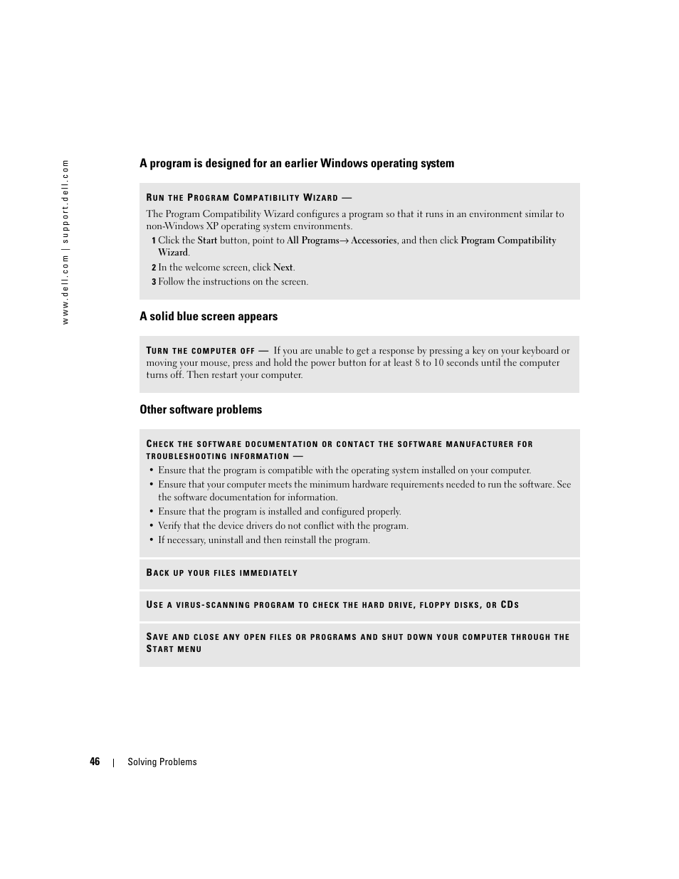 A solid blue screen appears, Other software problems | Dell XPS 600 User Manual | Page 46 / 166