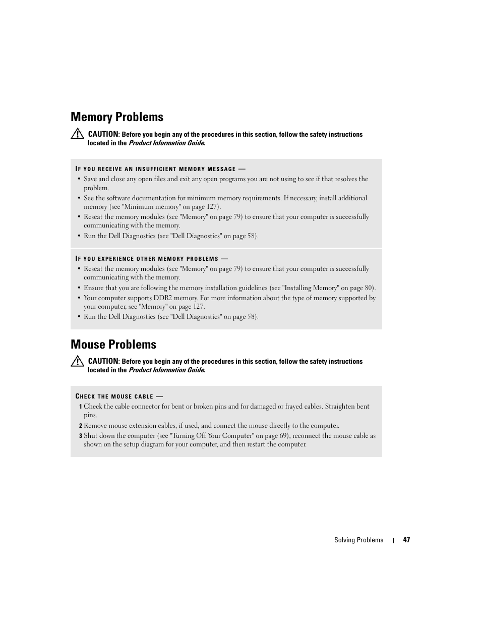 Memory problems, Mouse problems, Start button, click control p | Dell XPS 600 User Manual | Page 47 / 166