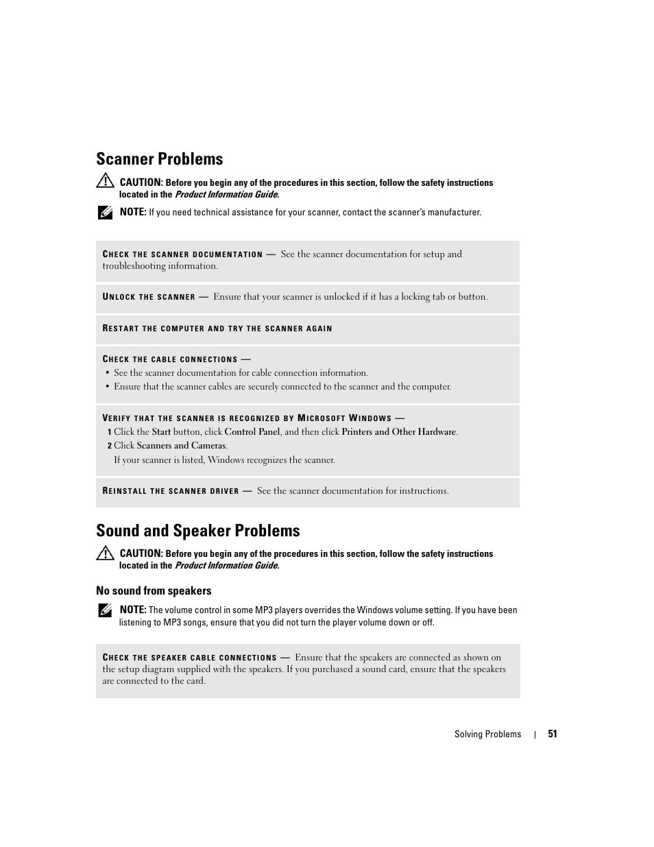 Scanner problems, Sound and speaker problems, No sound from speakers | Dell XPS 600 User Manual | Page 51 / 166