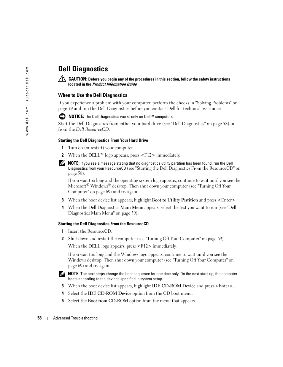 Dell diagnostics, When to use the dell diagnostics | Dell XPS 600 User Manual | Page 58 / 166