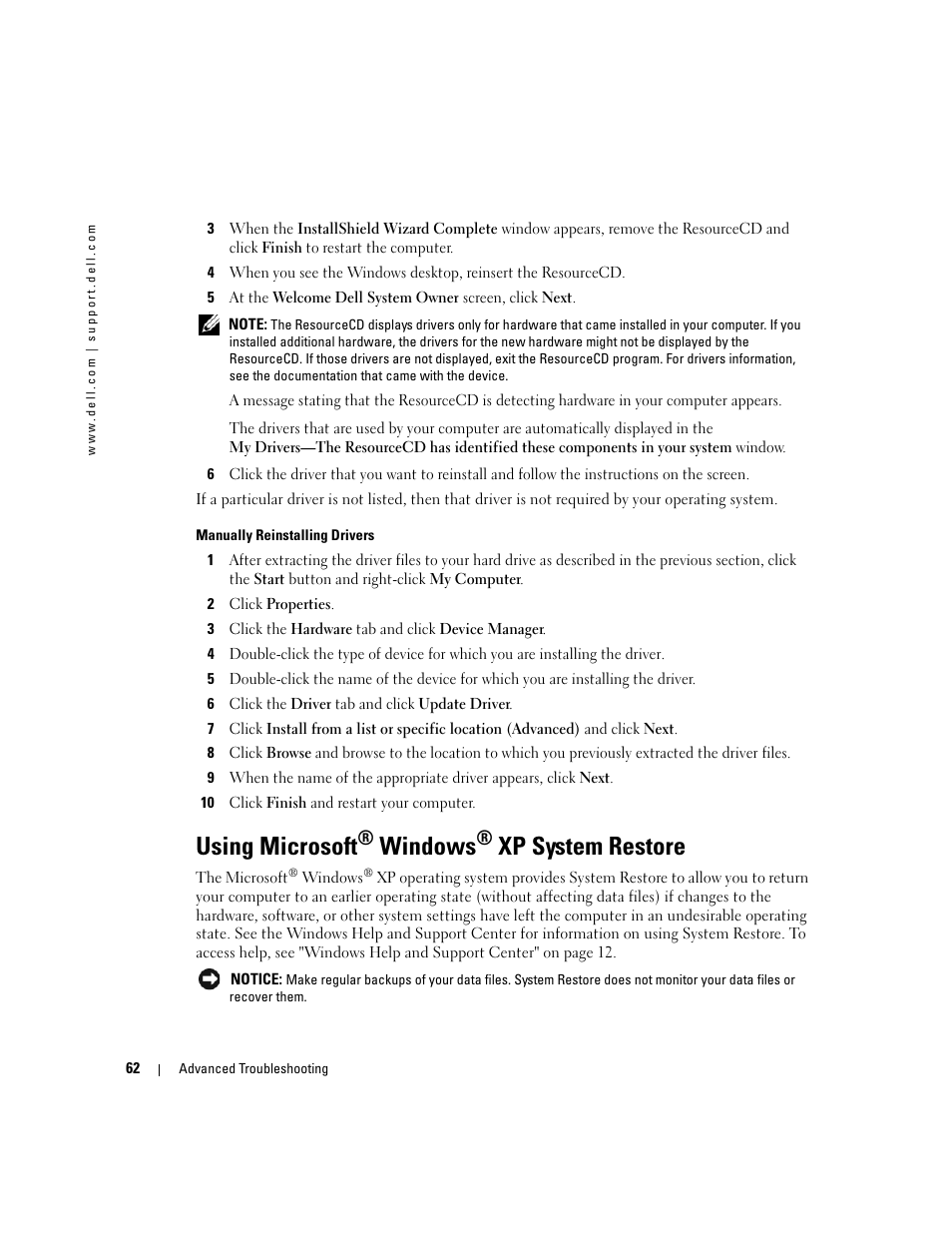 Using microsoft® windows® xp system restore, Using microsoft, Windows | Xp system restore | Dell XPS 600 User Manual | Page 62 / 166