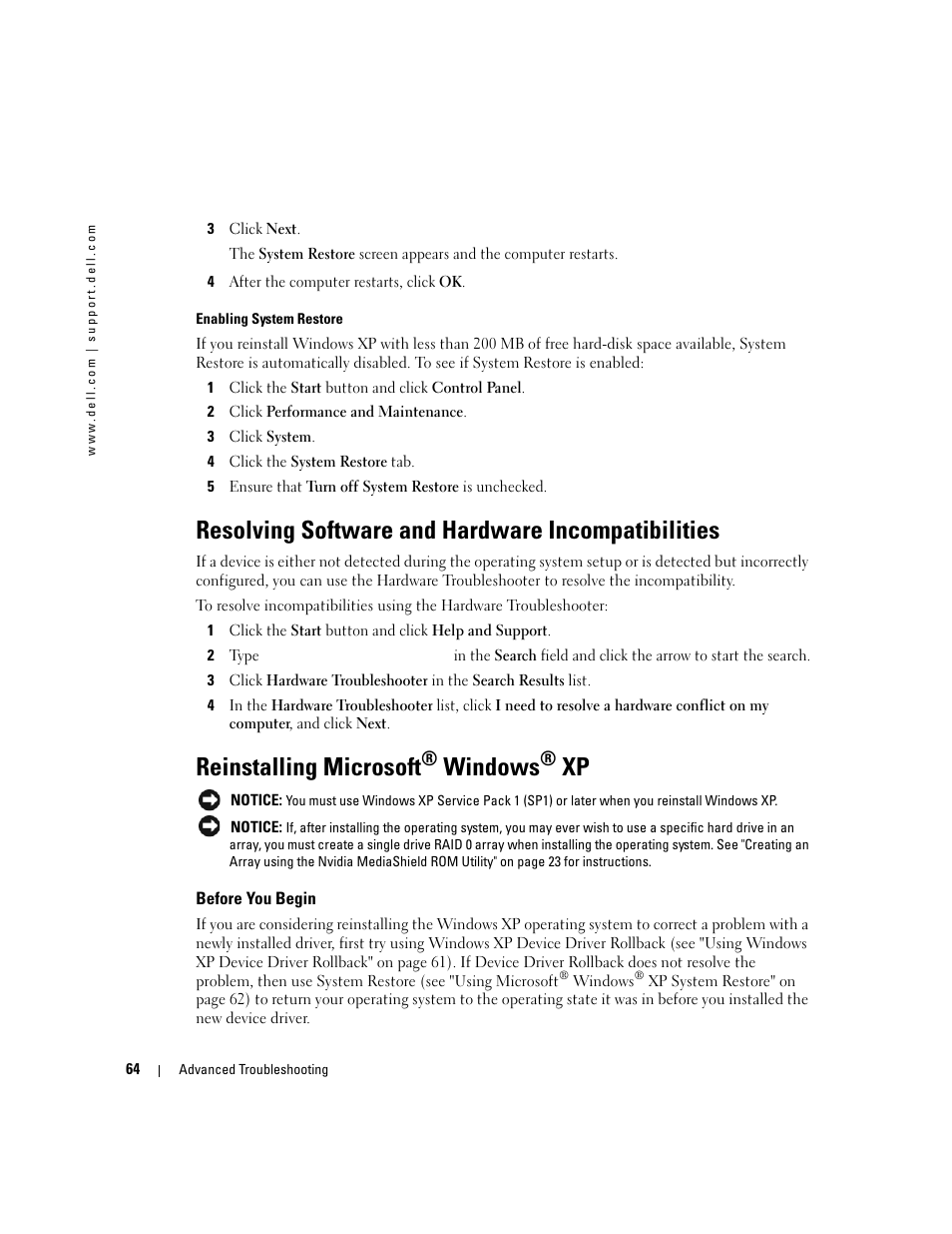 Resolving software and hardware incompatibilities, Reinstalling microsoft® windows® xp, Before you begin | Reinstalling microsoft, Windows | Dell XPS 600 User Manual | Page 64 / 166