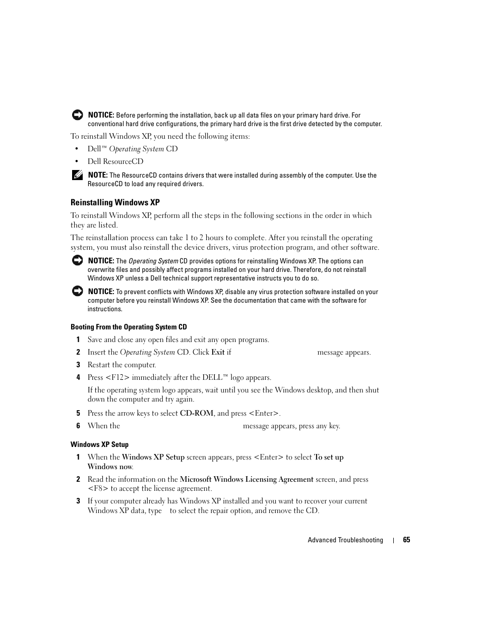 Reinstalling windows xp | Dell XPS 600 User Manual | Page 65 / 166