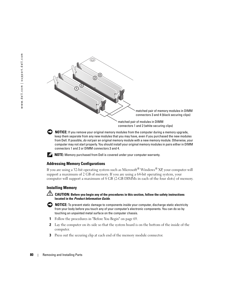 Addressing memory configurations, Installing memory | Dell XPS 600 User Manual | Page 80 / 166