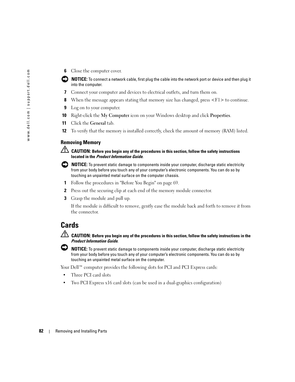 Removing memory, Cards | Dell XPS 600 User Manual | Page 82 / 166