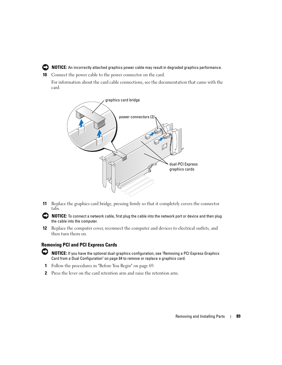 Removing pci and pci express cards | Dell XPS 600 User Manual | Page 89 / 166