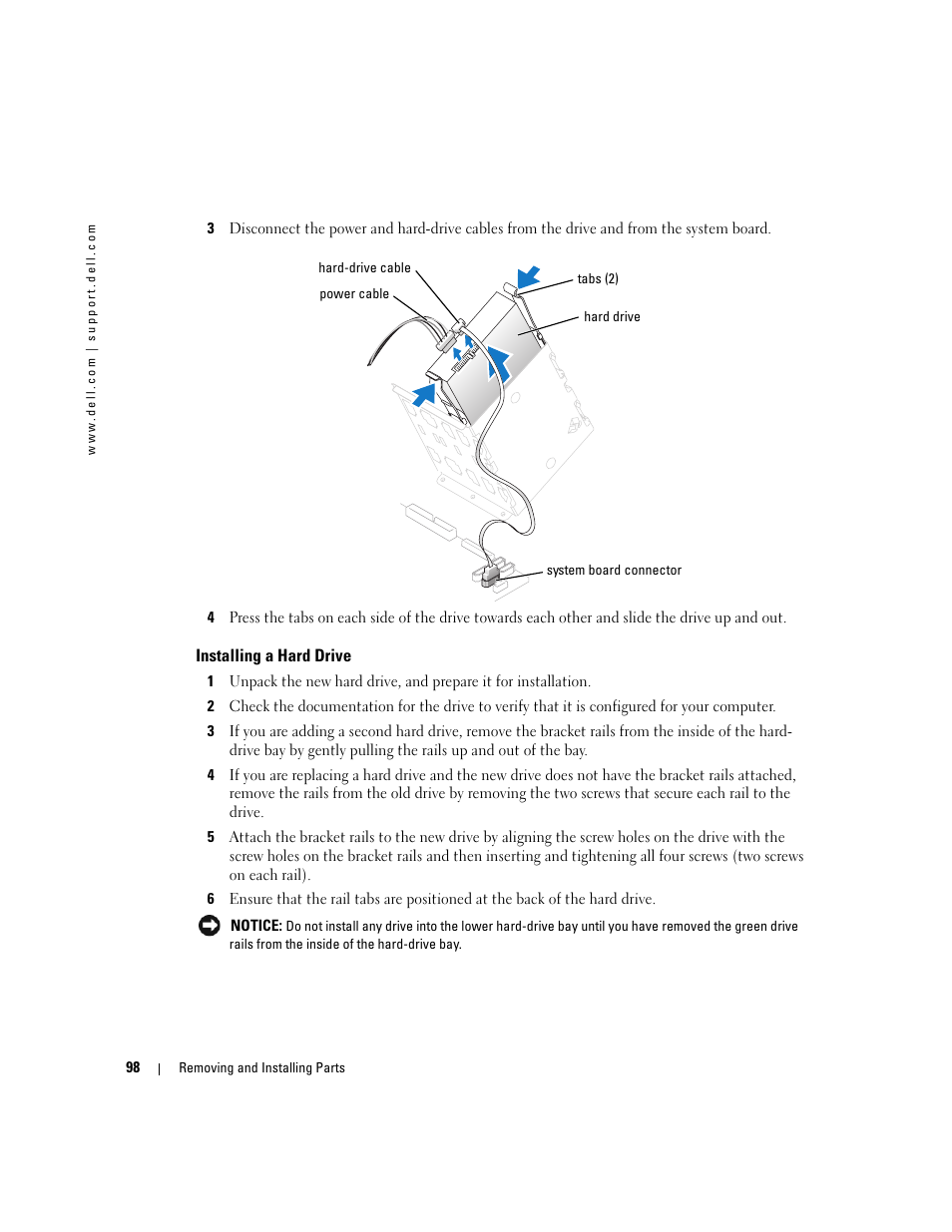 Installing a hard drive | Dell XPS 600 User Manual | Page 98 / 166