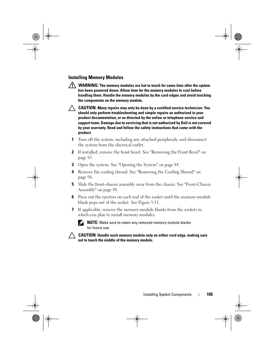 Installing memory modules | Dell PowerEdge R810 User Manual | Page 105 / 202