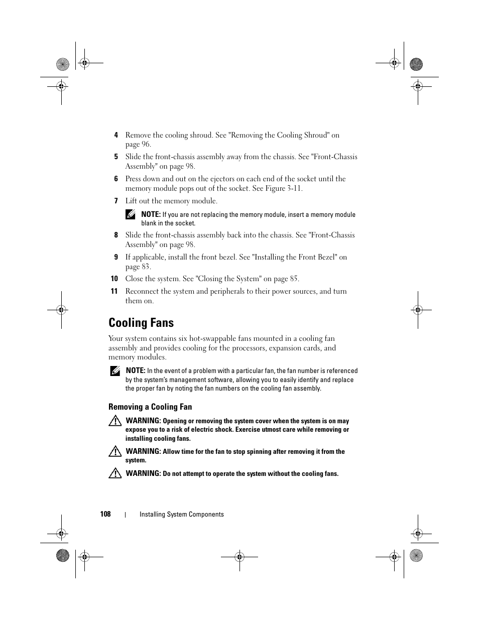 Cooling fans, Removing a cooling fan | Dell PowerEdge R810 User Manual | Page 108 / 202