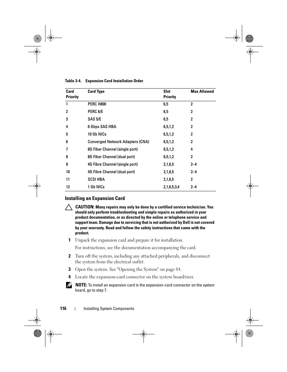Installing an expansion card | Dell PowerEdge R810 User Manual | Page 116 / 202