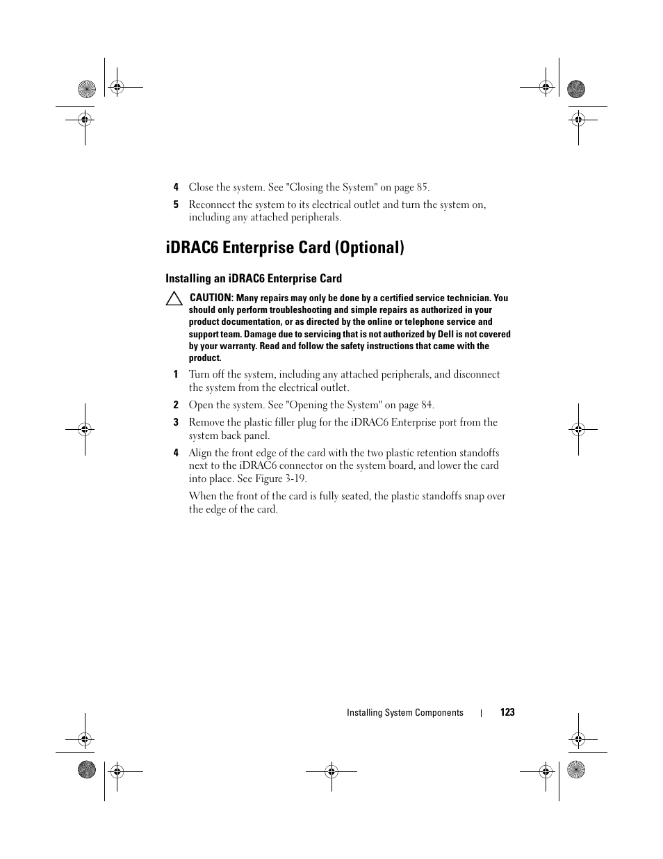 Idrac6 enterprise card (optional), Installing an idrac6 enterprise card | Dell PowerEdge R810 User Manual | Page 123 / 202