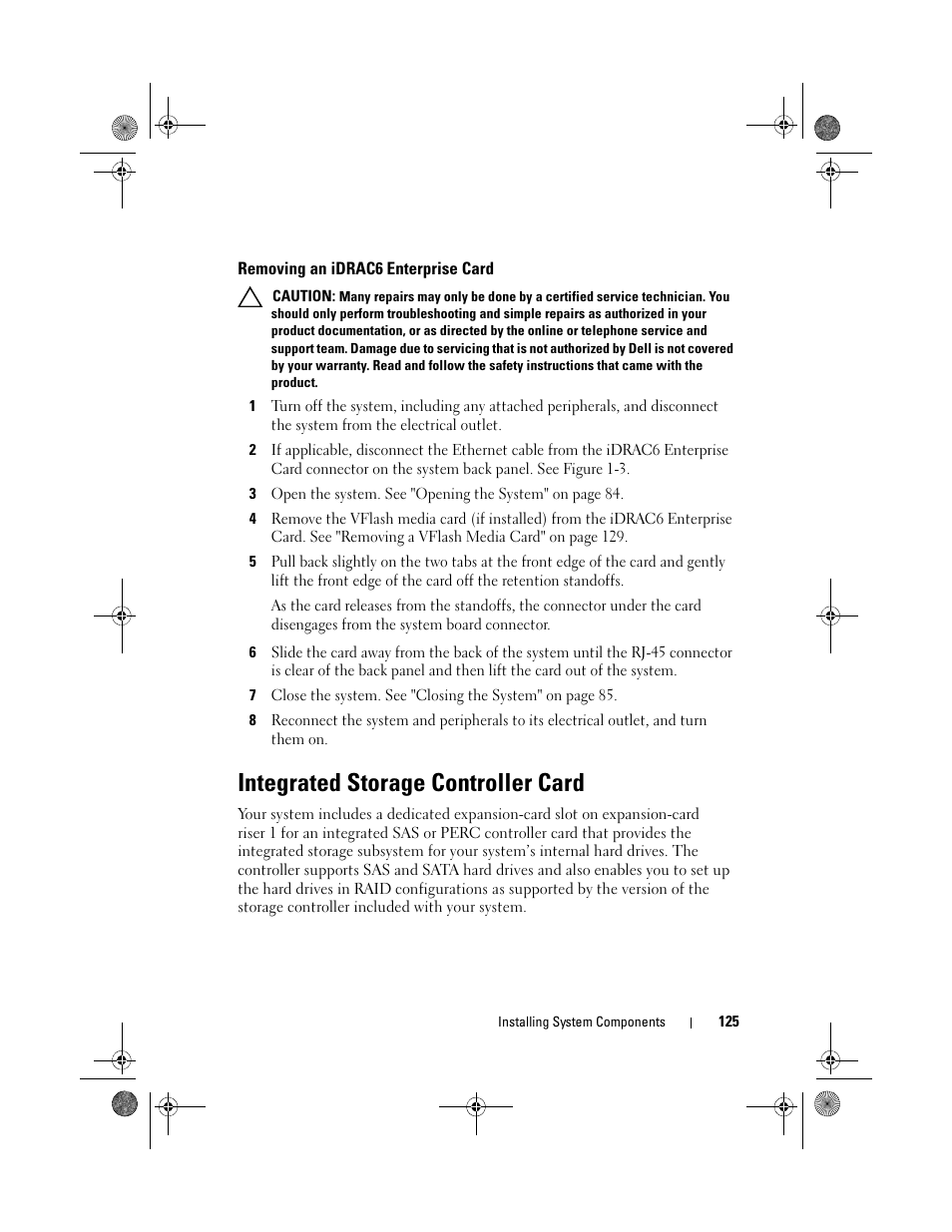 Removing an idrac6 enterprise card, Integrated storage controller card | Dell PowerEdge R810 User Manual | Page 125 / 202