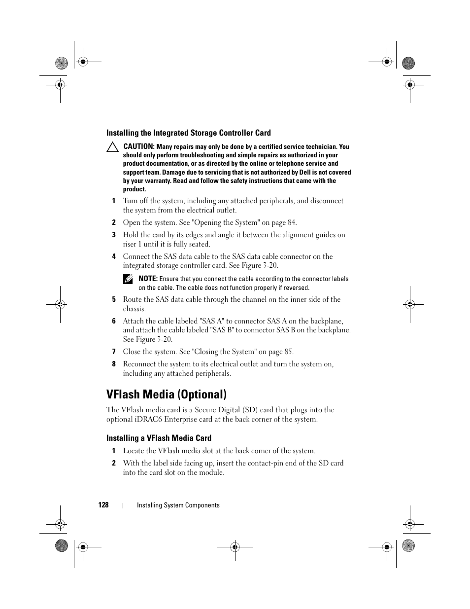 Installing the integrated storage controller card, Vflash media (optional), Installing a vflash media card | Dell PowerEdge R810 User Manual | Page 128 / 202