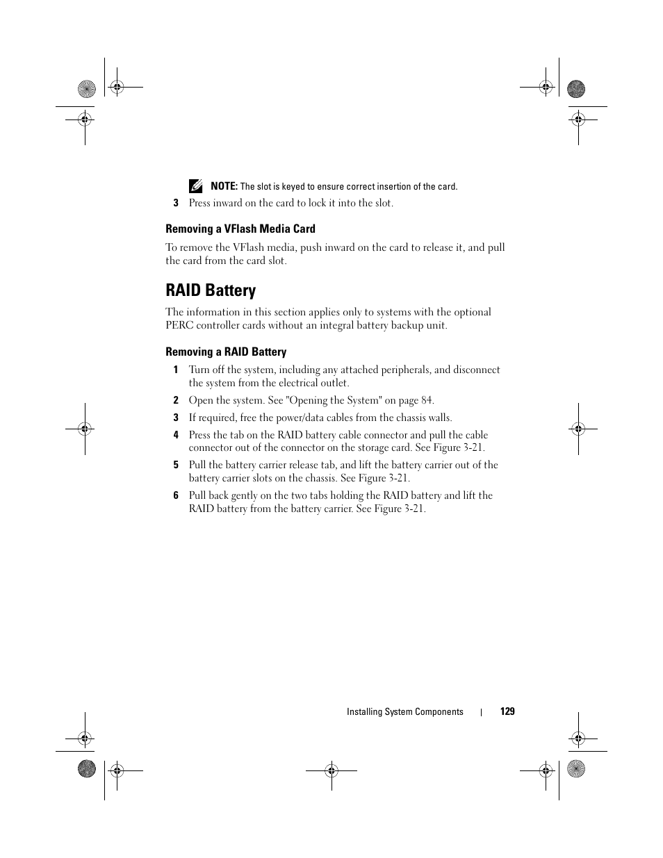 Removing a vflash media card, Raid battery, Removing a raid battery | Dell PowerEdge R810 User Manual | Page 129 / 202