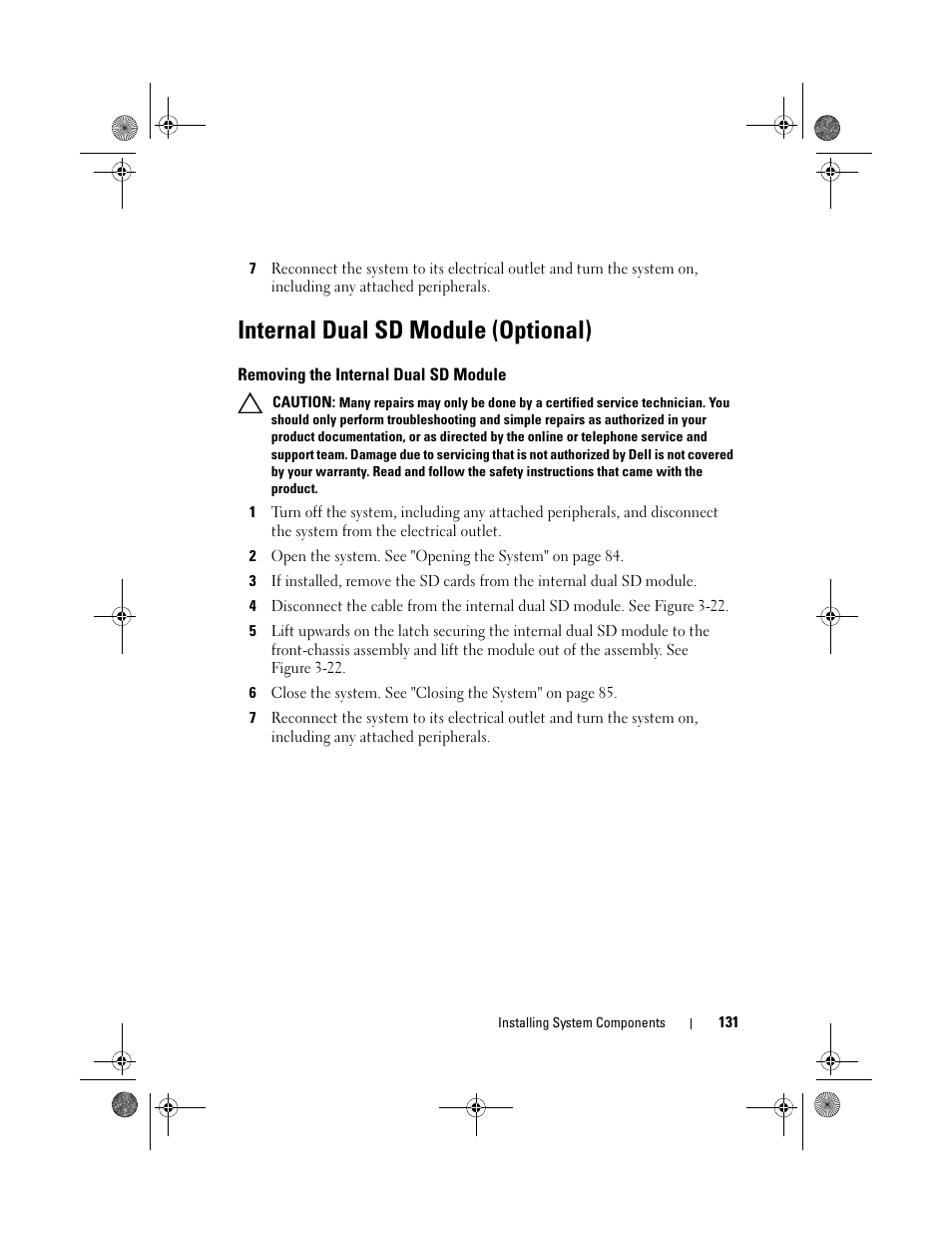 Internal dual sd module (optional), Removing the internal dual sd module | Dell PowerEdge R810 User Manual | Page 131 / 202