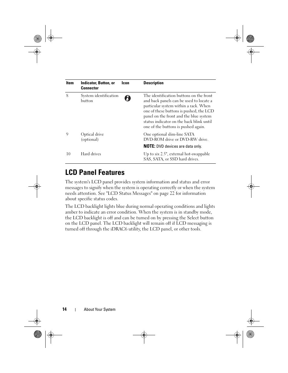 Lcd panel features | Dell PowerEdge R810 User Manual | Page 14 / 202