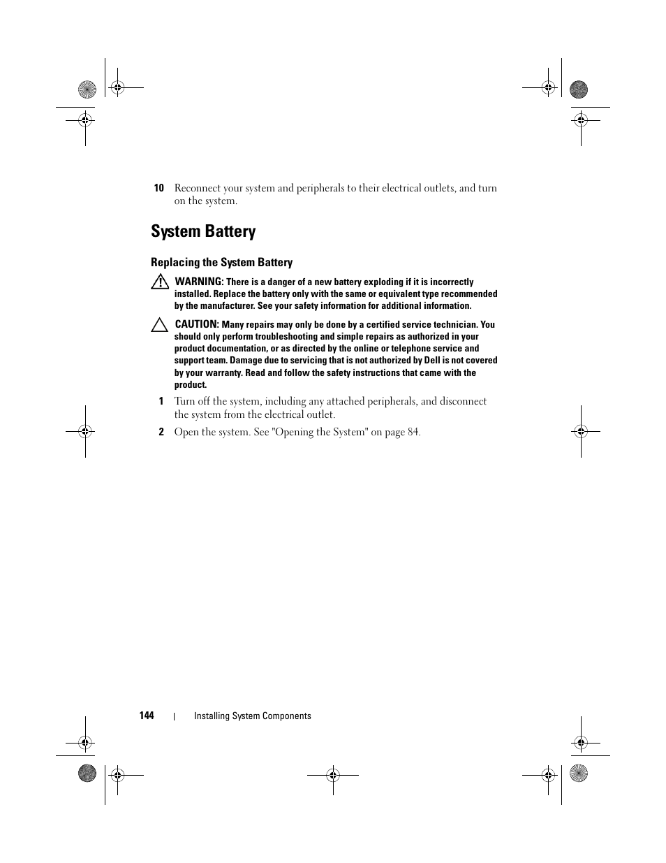 System battery, Replacing the system battery | Dell PowerEdge R810 User Manual | Page 144 / 202