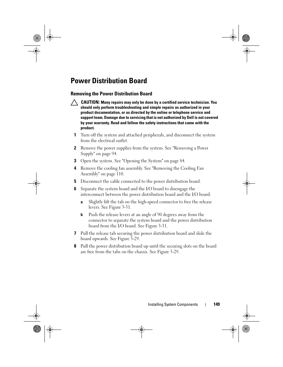 Power distribution board, Removing the power distribution board | Dell PowerEdge R810 User Manual | Page 149 / 202