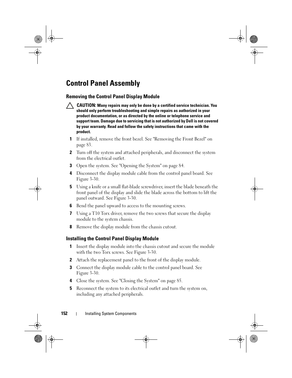 Control panel assembly, Removing the control panel display module, Installing the control panel display module | Dell PowerEdge R810 User Manual | Page 152 / 202