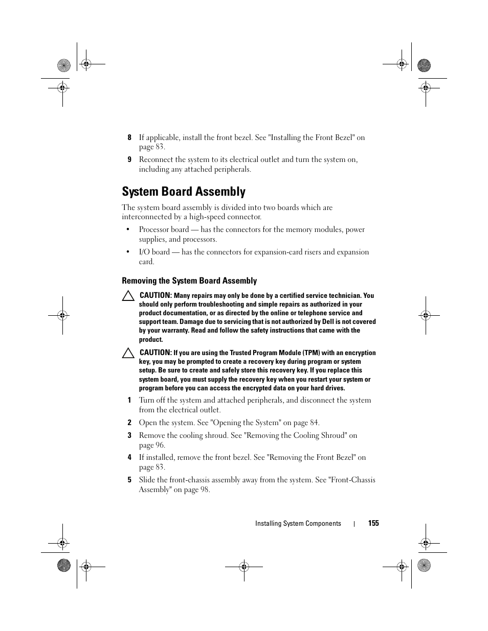 System board assembly, Removing the system board assembly | Dell PowerEdge R810 User Manual | Page 155 / 202