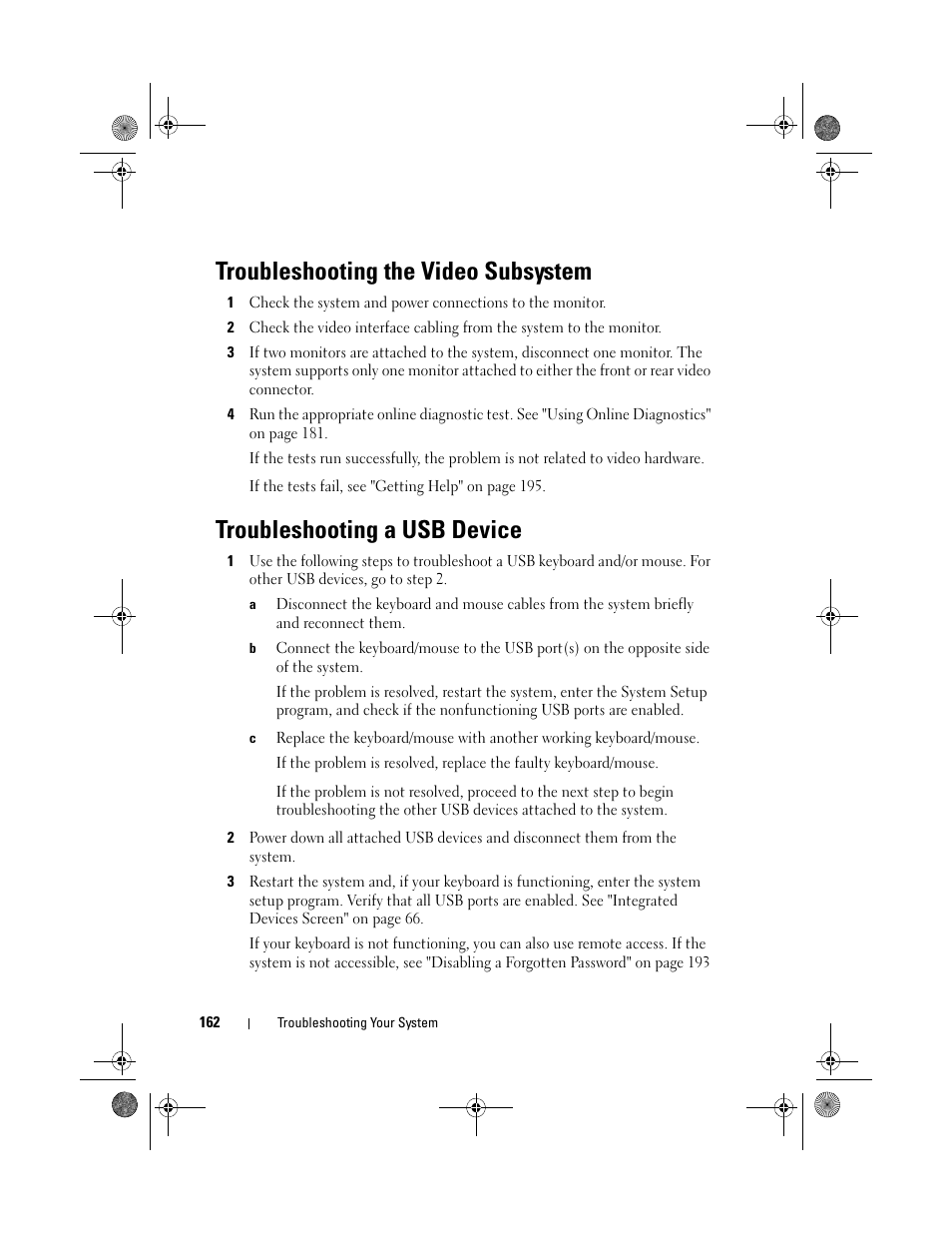 Troubleshooting the video subsystem, Troubleshooting a usb device | Dell PowerEdge R810 User Manual | Page 162 / 202