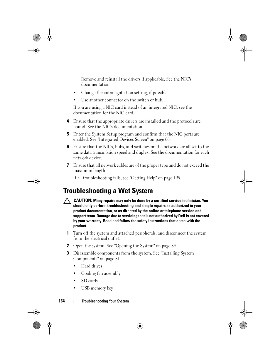 Troubleshooting a wet system | Dell PowerEdge R810 User Manual | Page 164 / 202