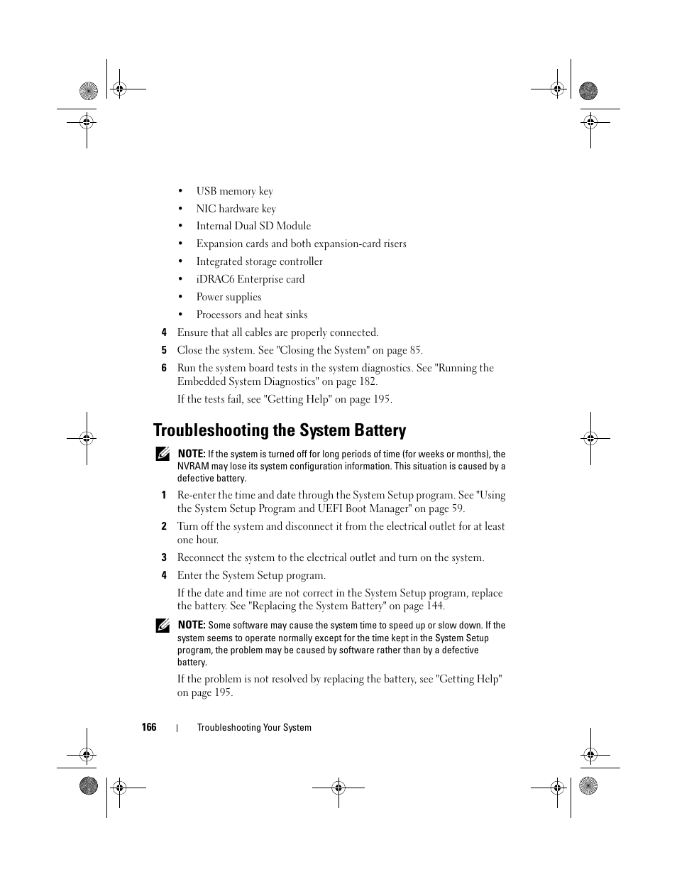 Troubleshooting the system battery, Ee "troubleshooting the | Dell PowerEdge R810 User Manual | Page 166 / 202