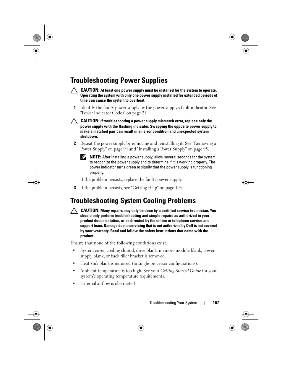 Troubleshooting power supplies, Troubleshooting system cooling problems | Dell PowerEdge R810 User Manual | Page 167 / 202