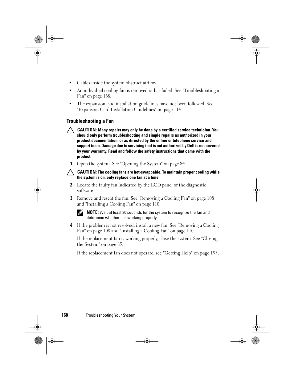 Troubleshooting a fan | Dell PowerEdge R810 User Manual | Page 168 / 202