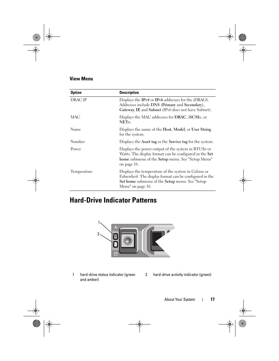 View menu, Hard-drive indicator patterns | Dell PowerEdge R810 User Manual | Page 17 / 202