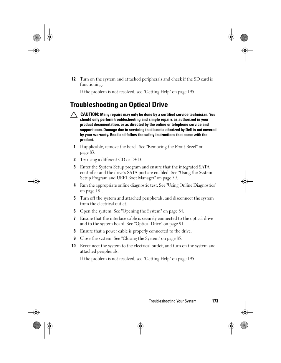 Troubleshooting an optical drive | Dell PowerEdge R810 User Manual | Page 173 / 202