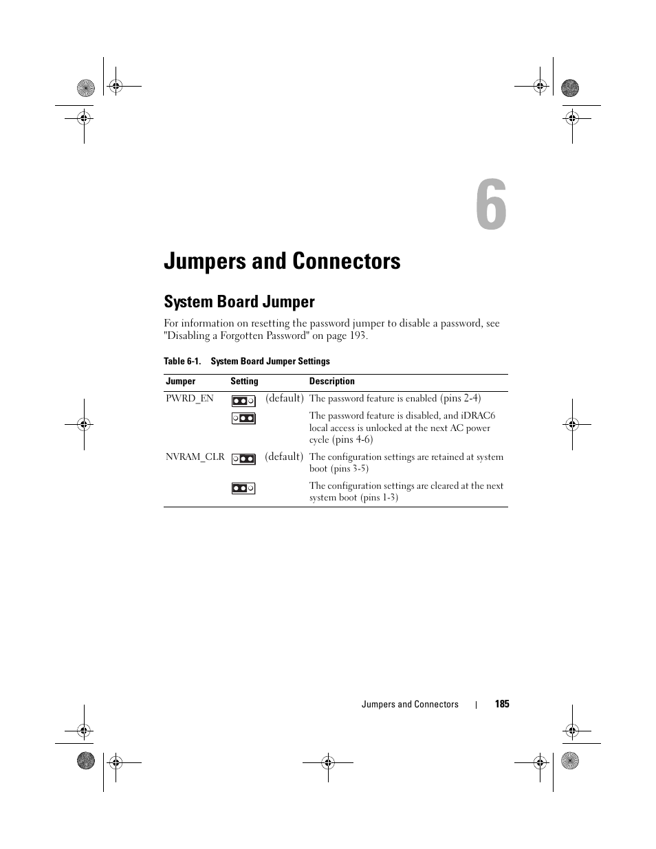 Jumpers and connectors, System board jumper | Dell PowerEdge R810 User Manual | Page 185 / 202