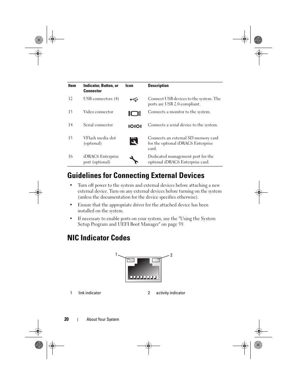 Guidelines for connecting external devices, Nic indicator codes | Dell PowerEdge R810 User Manual | Page 20 / 202