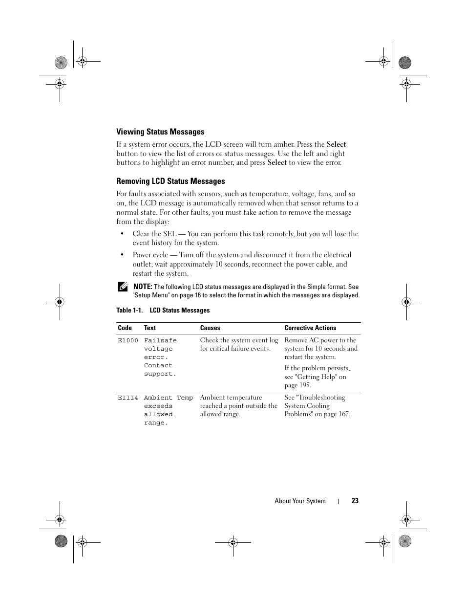Viewing status messages, Removing lcd status messages | Dell PowerEdge R810 User Manual | Page 23 / 202