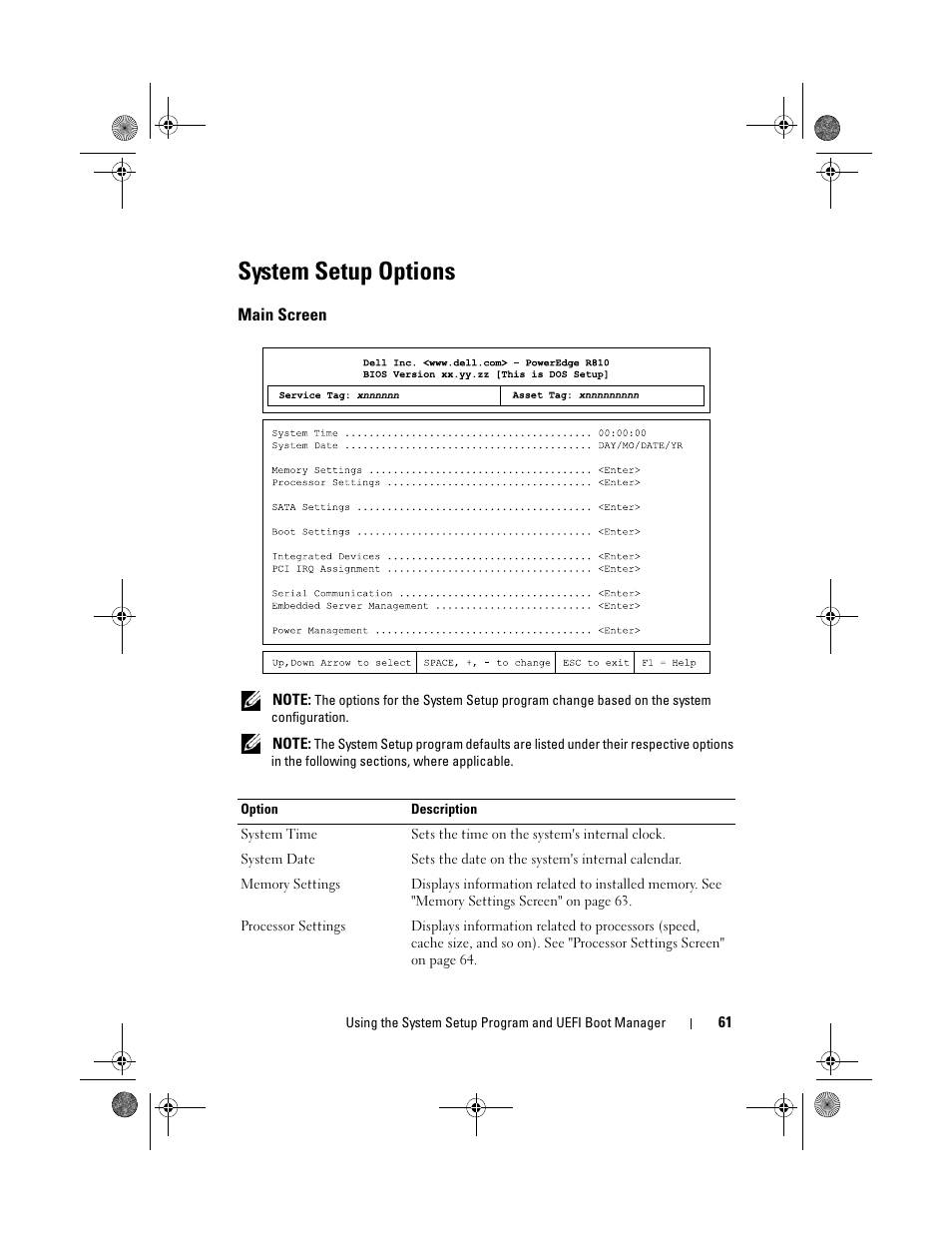 System setup options, Main screen | Dell PowerEdge R810 User Manual | Page 61 / 202