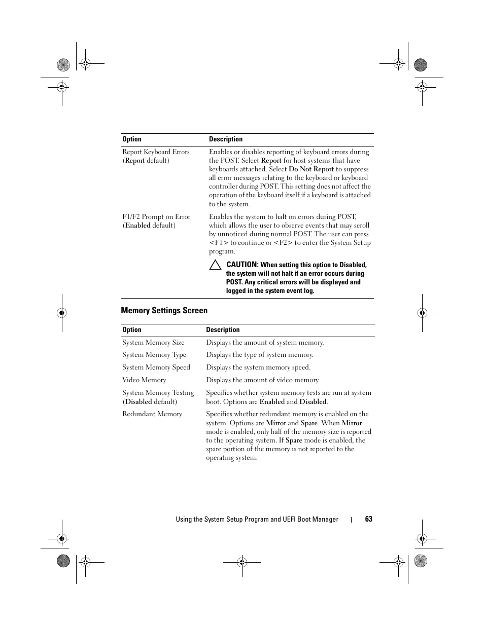 Memory settings screen | Dell PowerEdge R810 User Manual | Page 63 / 202