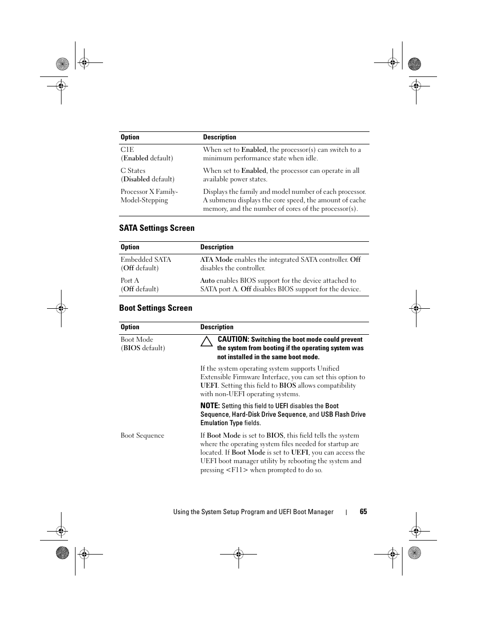 Sata settings screen, Boot settings screen | Dell PowerEdge R810 User Manual | Page 65 / 202