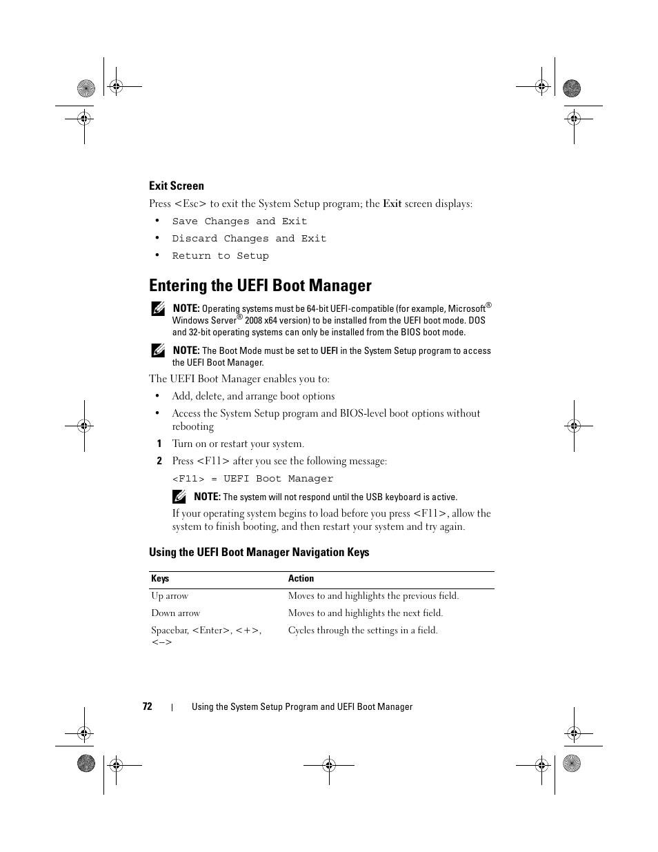 Exit screen, Entering the uefi boot manager, Using the uefi boot manager navigation keys | Dell PowerEdge R810 User Manual | Page 72 / 202