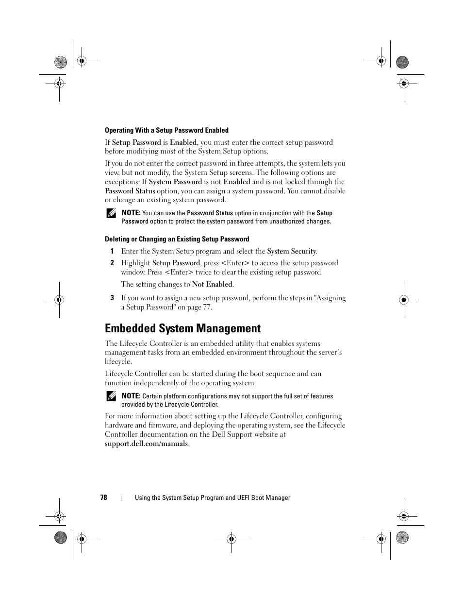 Operating with a setup password enabled, Deleting or changing an existing setup password, Embedded system management | Dell PowerEdge R810 User Manual | Page 78 / 202